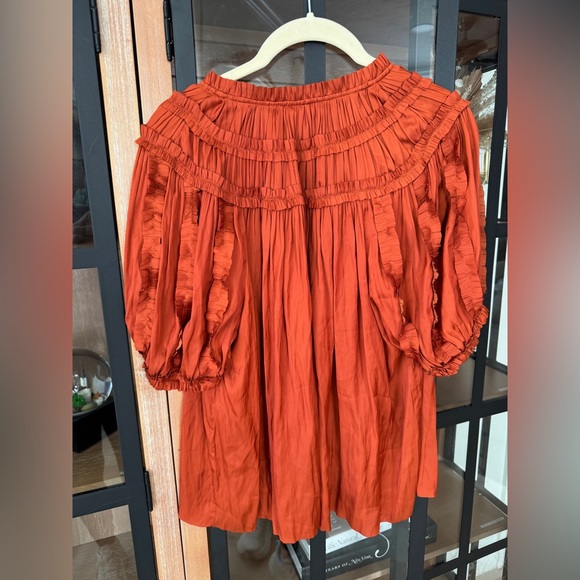 Ulla Johnson Aimee top blouse ruffle short sleeve clay rust satin tie front - Picture 5 of 12